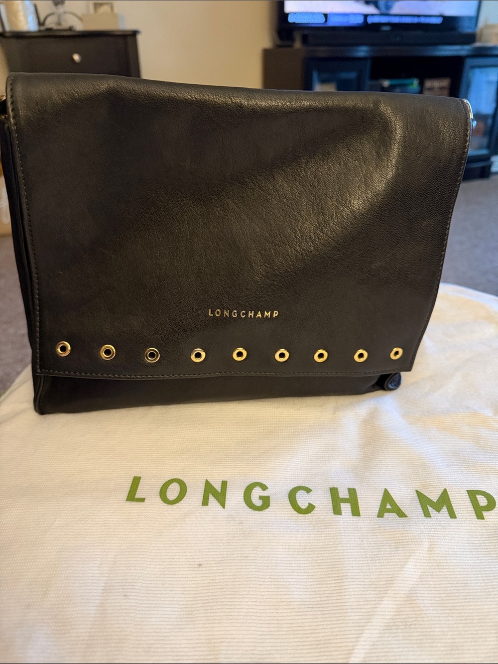 Longchamp Black Leather Paris Rocks Crossbody with Gold Eyelet Detail